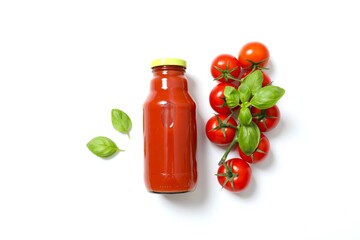 Tomato juice in a bottle and fresh tomatoes white background 