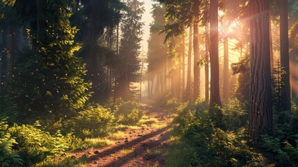Obraz premium Morning sunlight illuminates serene forest path nature exploration tranquil environment lush greenery scenic perspective