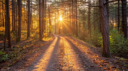 Obraz premium Sunrise journey through tranquil forest path nature landscape photography peaceful environment serene viewpoint