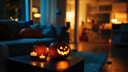 Cozy Halloween scene with glowing pumpkins and candles in a dimly lit living room.