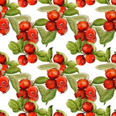 Seamless pattern of a branch of ripe cranberries.