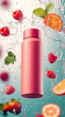 Bottle of water with a raspberry and orange on top. The bottle is pink and the water is clear. The bottle is floating in the air with a splash of water around it