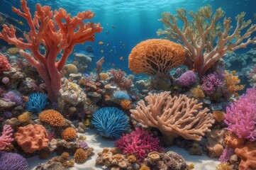 Vibrant coral reef teeming with diverse marine life, showcasing various coral species in a sunlit underwater scene.