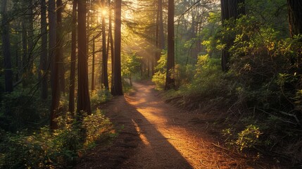 Fototapeta premium Peaceful morning walk through sunlit forest path nature scene outdoor environment serene viewpoint tranquility concept