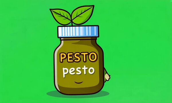 cartoon Pesto sauce jar with a basil leaf hat