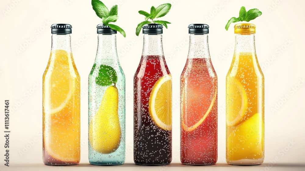 Poster row of five bottles of different colored drinks with fruit slices in them. the bottles are lined up 