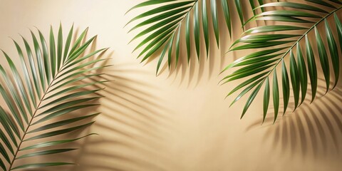 Fototapeta premium Palm leaves shadow on beige background, freeze motion, palm, leaves, shadow, beige, background, freeze, motion, tropical