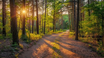 Fototapeta premium Sunlit forest pathway nature trail landscape photography tranquil environment morning light serene concept