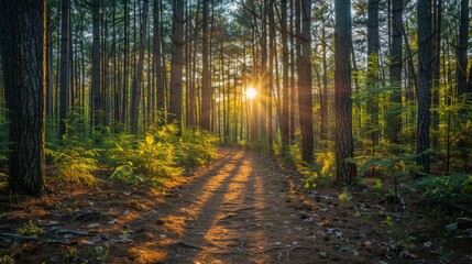 Sunrise hiking trail amidst tall pines forest landscape nature photography tranquil environment perspective on serenity