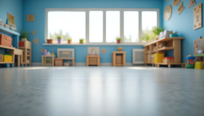 An empty wooden floor against a fuzzy background of a blue kindergarten or child's room. An empty wooden table. Wood desck. Blurred background. Blue children's room with large window. Bg colorful
