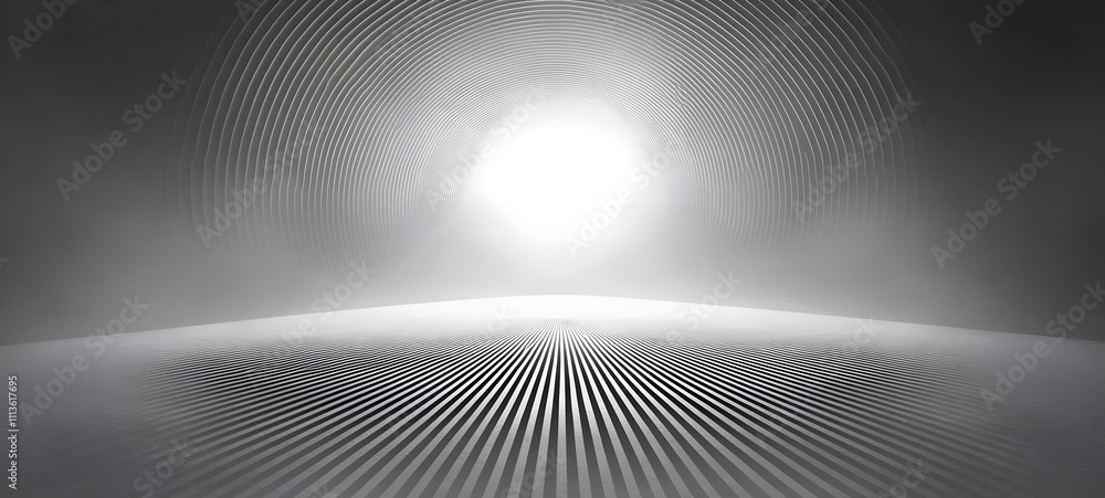 Poster a mesmerizing abstract landscape with concentric lines radiating towards a bright, glowing center, c