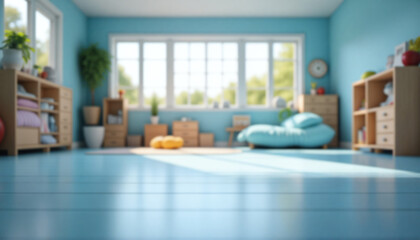 An empty wooden floor against a fuzzy background of a blue kindergarten or child's room. An empty wooden table. Wood desck. Blurred background. Blue children's room with large window. Bg colorful