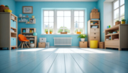 An empty wooden floor against a fuzzy background of a blue kindergarten or child's room. An empty wooden table. Wood desck. Blurred background. Blue children's room with large window. Bg colorful