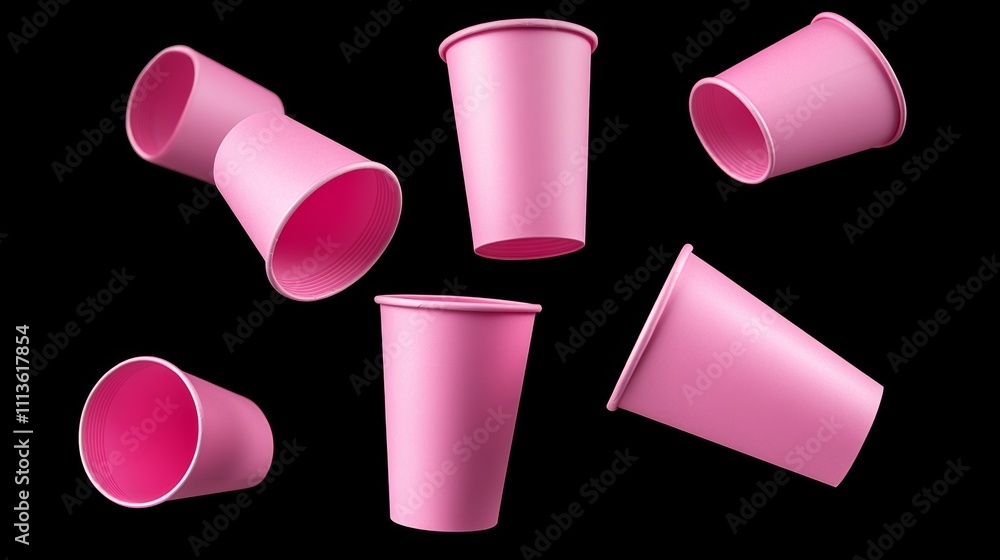 Poster series of pink cups are floating in the air. the cups are upside down and scattered in different dir