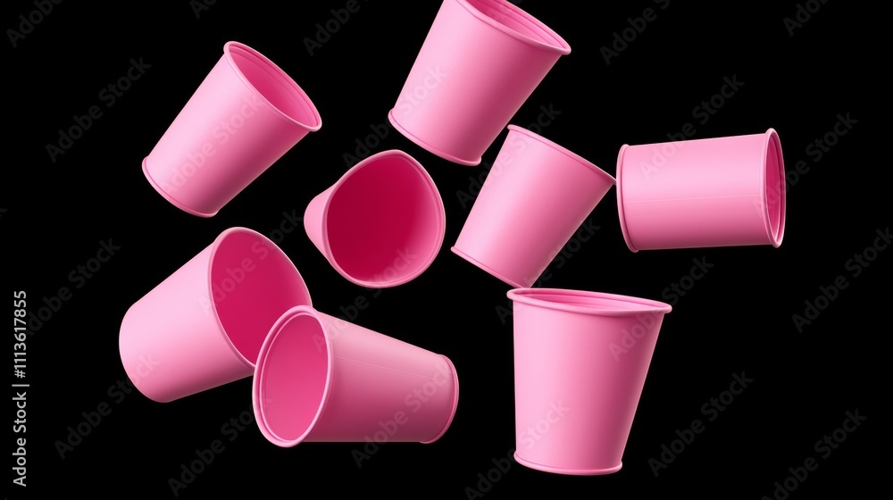 Poster bunch of pink cups are flying through the air, some of them broken. the cups are scattered in variou