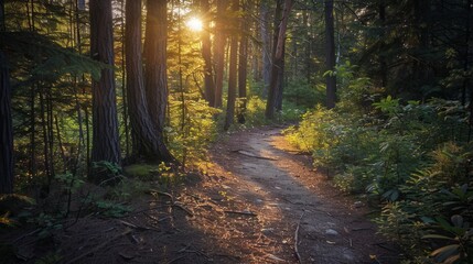 Obraz premium Sunlit forest pathway walk nature reserve photography serene environment warm glow tranquility and adventure