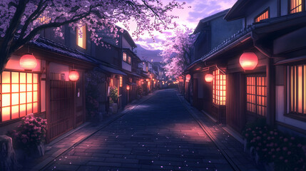 Peaceful Japanese Street With Traditional Lanterns And Cherry Blossom Trees Illuminating The Evening Scene. Generative AI