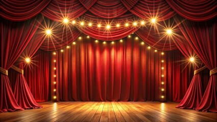 Theater stage with red velvet curtains and bright lights overhead, theater, stage, performance, drama, spotlight
