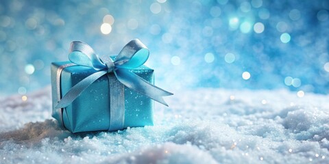 Wintry blue gift with sparkling ribbon nestled in fresh snow , winter, holiday, gift, present, ribbon, blue, snow