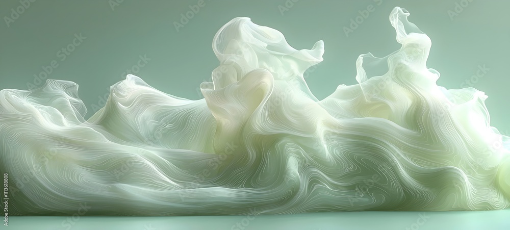 Poster an abstract composition featuring flowing, translucent waves in soft pastel shades, creating an ethe