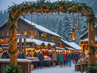 Naklejka premium Bronze bells hanging from a rustic wooden arch, framed by icicles and evergreen garlands.