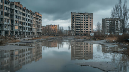 Obraz premium Desolate Abandoned City With Collapsed Buildings And Flooded Streets, Showing Ruins Of A Once Bustling Urban Environment. Generative AI