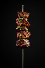 Grilled Meat Skewers with Fresh Herbs on a Dark Background