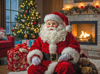 A traditional Santa Claus doll with a plush red suit, white fur trim, and a cheerful expression, placed next to a glowing Christmas tree.