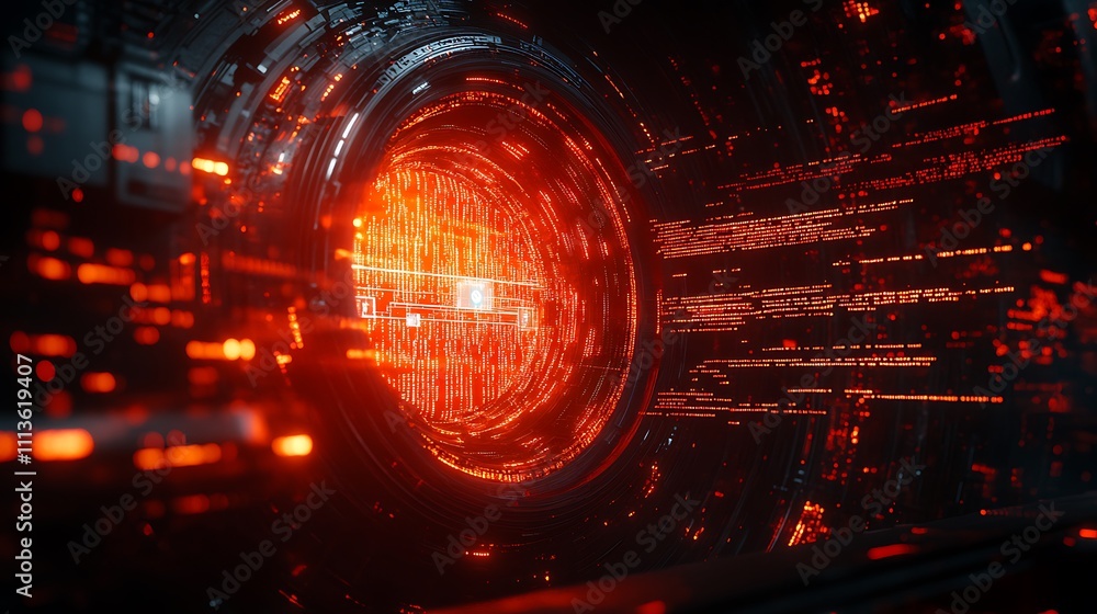 Poster abstract fiery red digital tunnel with glowing code.