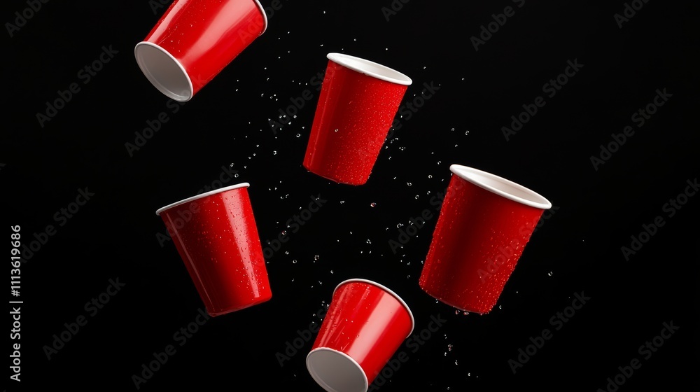 Poster group of red cups are flying through the air. the cups are empty and scattered across the image. sce