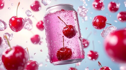 Can of cherry soda with cherry slices floating in the air. Concept of fun and playfulness, as the cherries seem to be dancing in the air