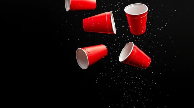 Bunch of red cups are falling from the sky. The cups are empty and scattered across the image