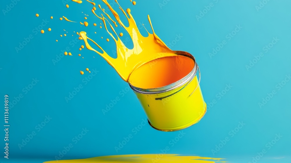 Poster yellow paint bucket is splattered with paint, creating a splash of color. concept of creativity and 