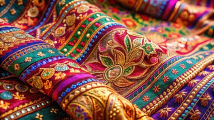 Close up of intricate Indian silk sari design with vibrant colors and detailed patterns , Indian, silk, sari