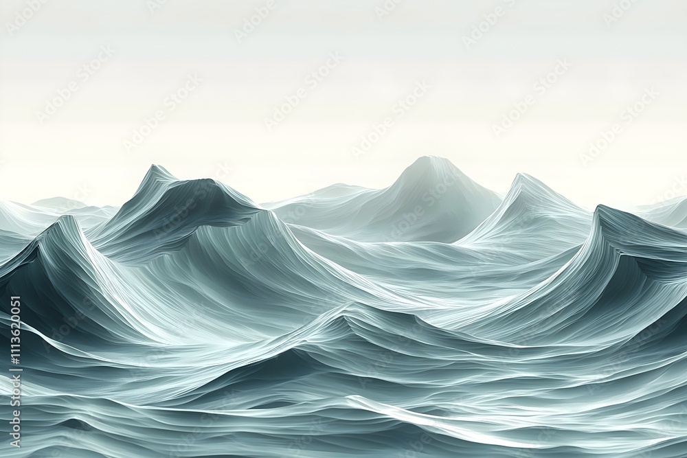 Poster an abstract representation of serene ocean waves in varying shades of teal and blue, evoking a calm 