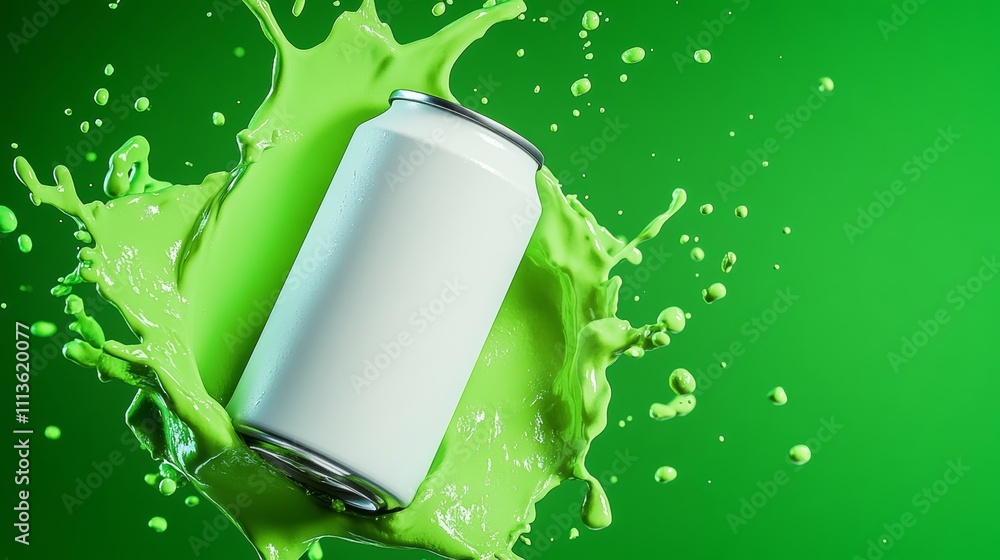 Poster can of soda is floating in a green splash of water. the splash is so large that it covers the entire
