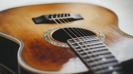 Fototapeta premium Close-up of a classic acoustic guitar, showcasing its wood grain and strings.
