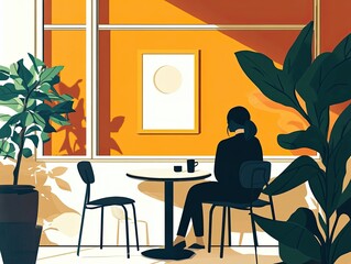 An illustration Gary Varvel style of a person sitting in a minimal cafe --ar 4:3 --v 6.1 Job ID: 4e7fca1f-64f2-49aa-9c8d-3df863e97cce