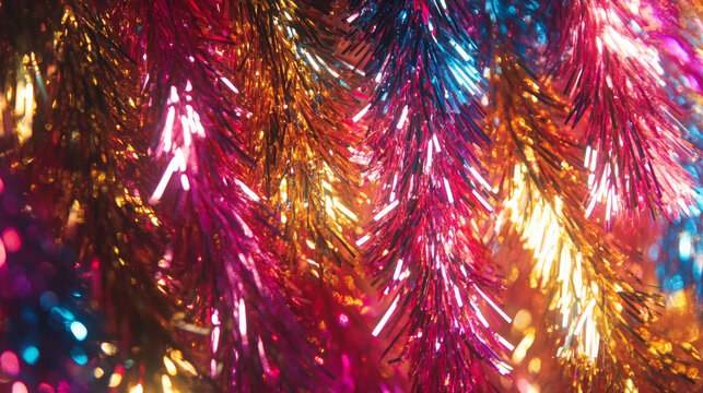 Tinsel background with colorful and shiny closeup of tinsels for Christmas party
