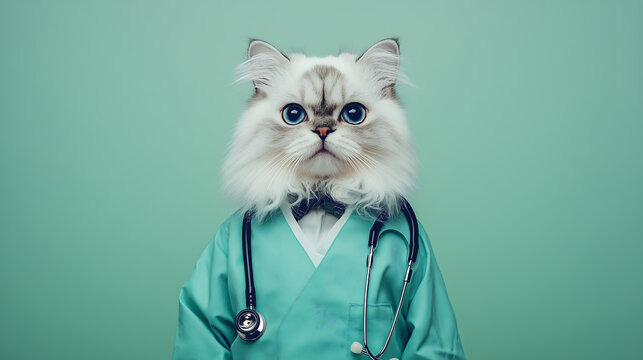 White Persian cat dressed as a doctor in a teal medical uniform with a stethoscope