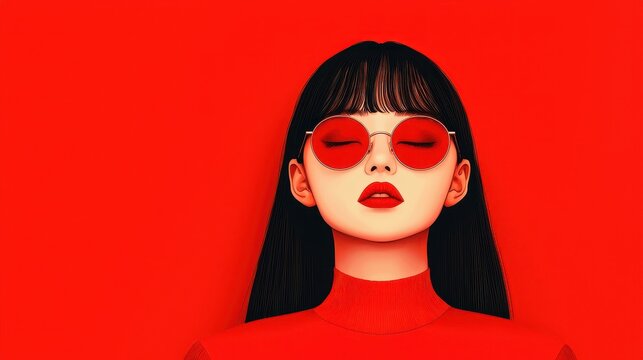 Portrait of a Woman in Red with Sunglasses Against a Bright Background