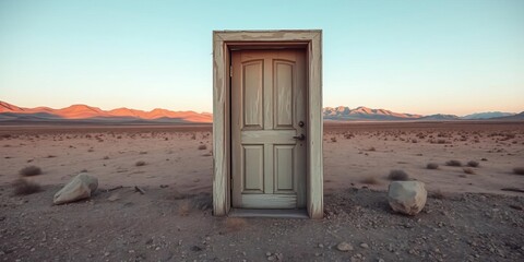 An old, weathered door standing alone in the vast desert landscape, beckoning with a sense of mystery and new possibilities, desolate, weathered