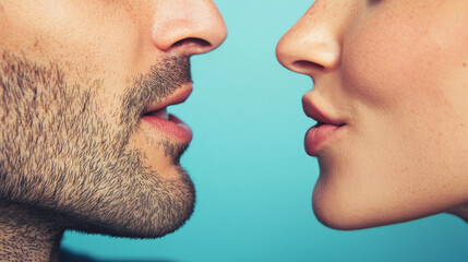 Obraz premium Closeup of a man and woman mouth whispering to each other secrets and gossips without social distance