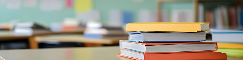 Stacked colorful books in classroom, education concept, space for text