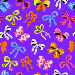 Fototapeta premium Festive Seamless Pattern with colorful decorative Bows. Vibrant celebratory background with tied ribbons and knots. Hair accessory, gift packaging hand drawn slat style. Vector illustration