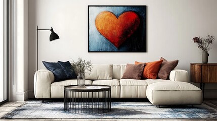Abstract love heart frame in modern living room, muted colors, bohemian touches
