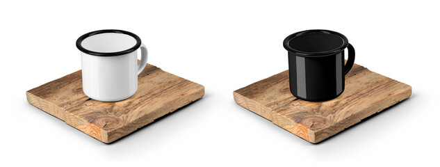 Template of white, black enamel mugs with black rim, in the center of old textured wooden board, cups for design, pattern.