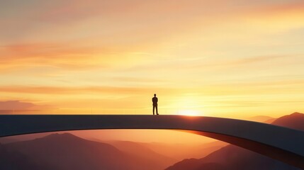 person standing on bridge at sunset, surrounded by mountains