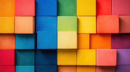 Colorful wooden blocks arranged in vibrant pattern, creating playful atmosphere