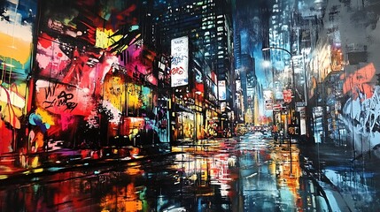 Abstract Cityscape with Graffiti and Neon Lights